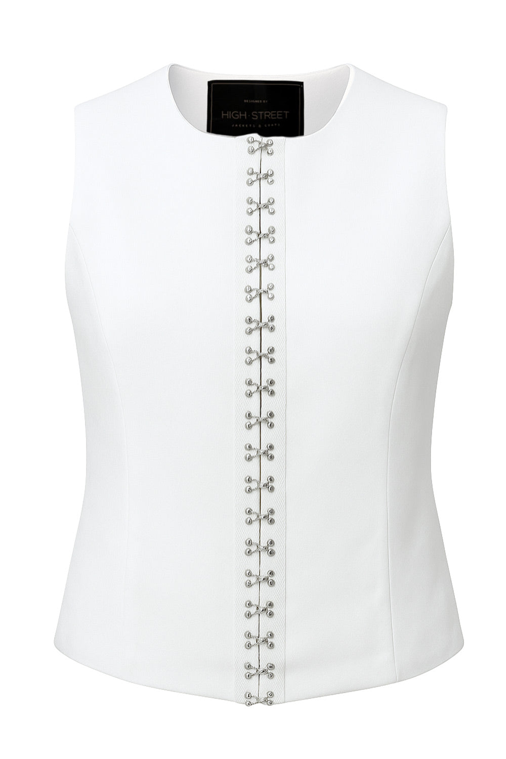 Chaleco de fit recto, cuello redondo y cierre frontal con hilera de broches en contraste.