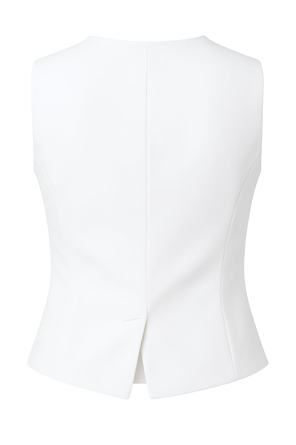 Chaleco de fit recto, cuello redondo y cierre frontal con hilera de broches en contraste.