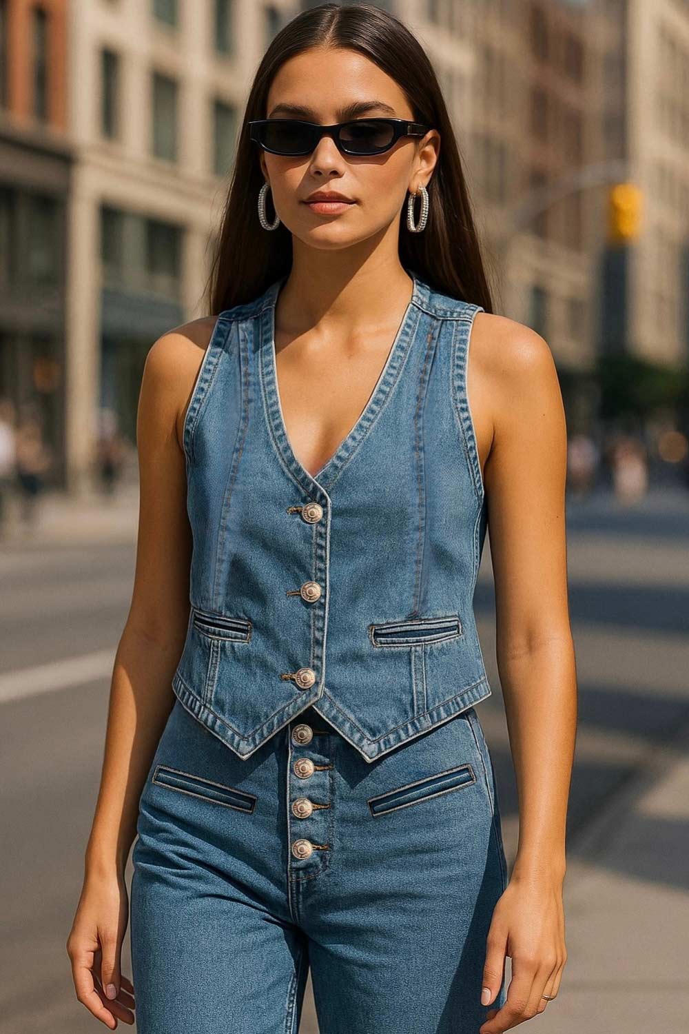 Chaleco corto de denim, escote v, pinzas con costuras frontales, vivos decorativos delanteros, trabilla posterior ajustable con hebilla y cierre frontal con hilera de botones.