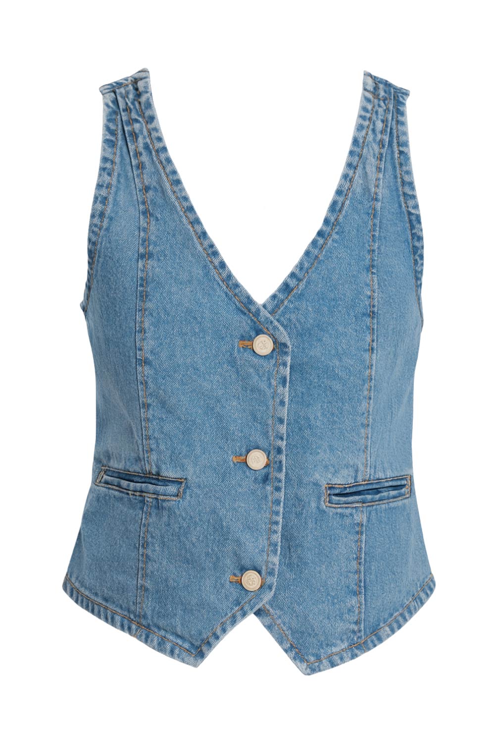 Chaleco corto de denim, escote v, pinzas con costuras frontales, vivos decorativos delanteros, trabilla posterior ajustable con hebilla y cierre frontal con hilera de botones.