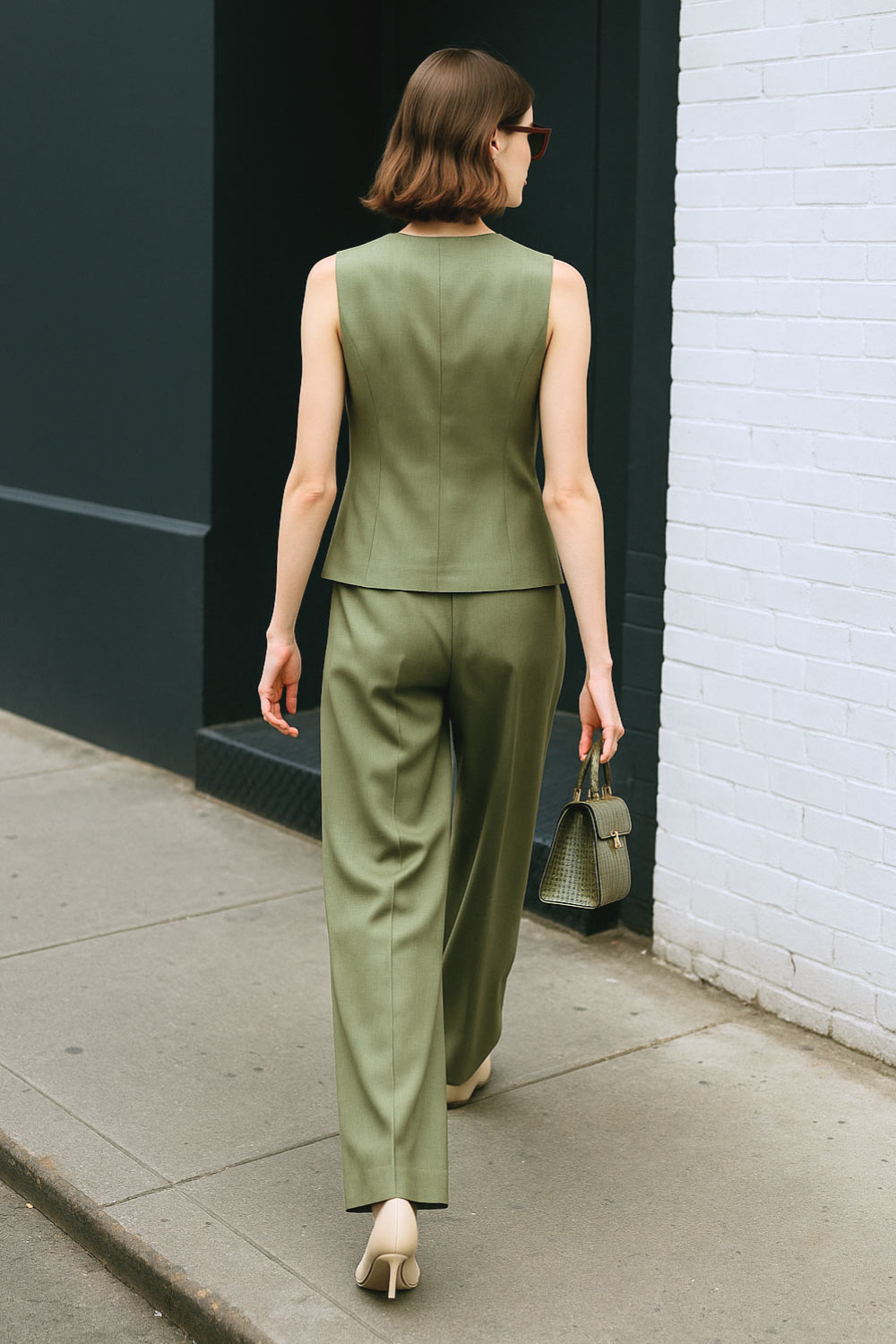 Chaleco de fit ajustado, cuello redondo, pinzas frontales, vivos decorativos frontales, cierre frontal con hilera de botones en contraste y abertura frontal en bajo.