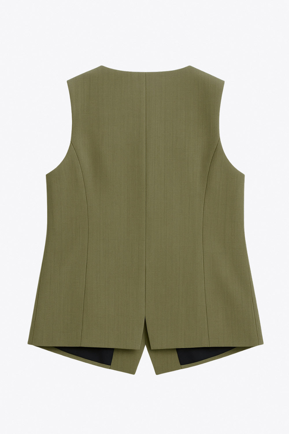 Chaleco de fit ajustado, cuello redondo, pinzas frontales, vivos decorativos frontales, cierre frontal con hilera de botones en contraste y abertura frontal en bajo.