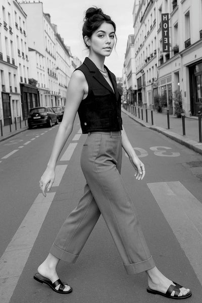 Chaleco corto de fit recto, con solapa, bolsillos delanteros cargo con cartera, pinza de amplitud en espalda y detalle de trabillas laterales decorativas con botón.