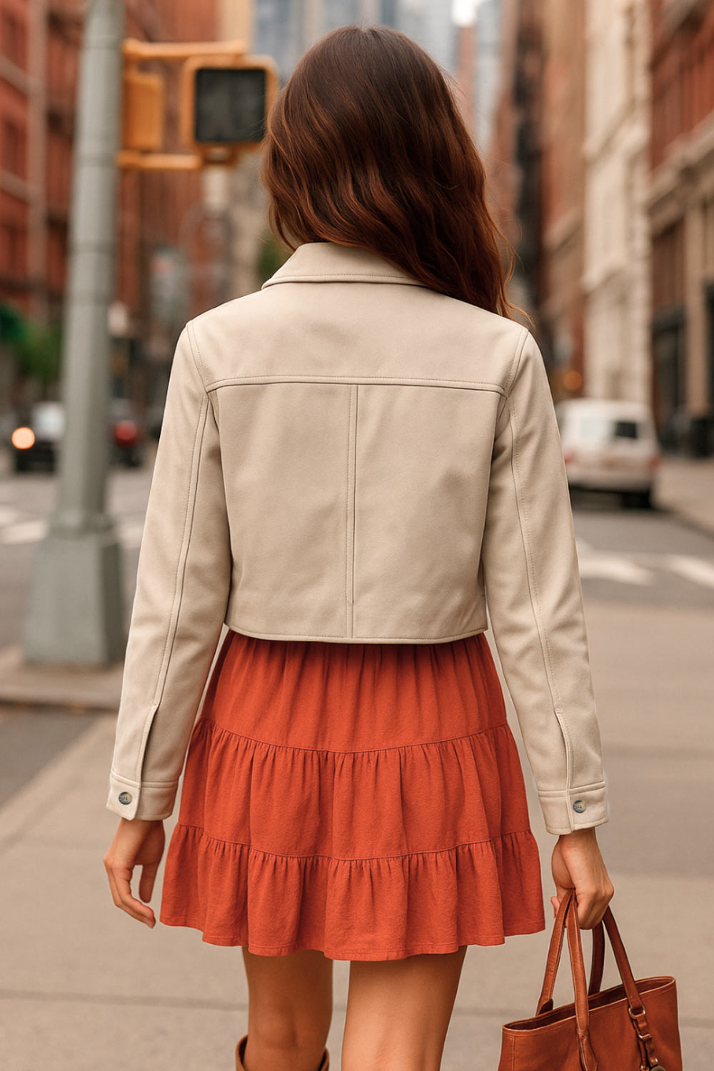 Chamarra corta fluida de gamuza, manga larga con puño abotonado, cuello camisero, bolsillos frontales de parche y cierre frontal con hilera de botones en contraste.