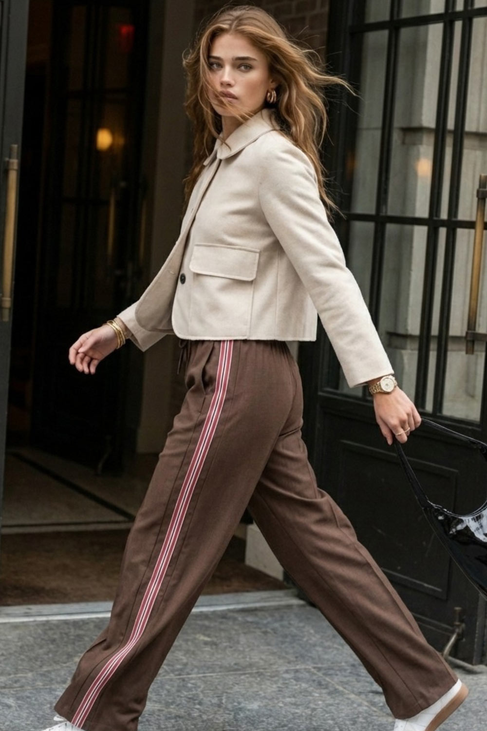 Chamarra corta de fit recto, manga larga con cortes decorativos, cuello camisero con detalle curveado, bolsillos frontales con cartera y cierre frontal con hilera de botones en contraste.