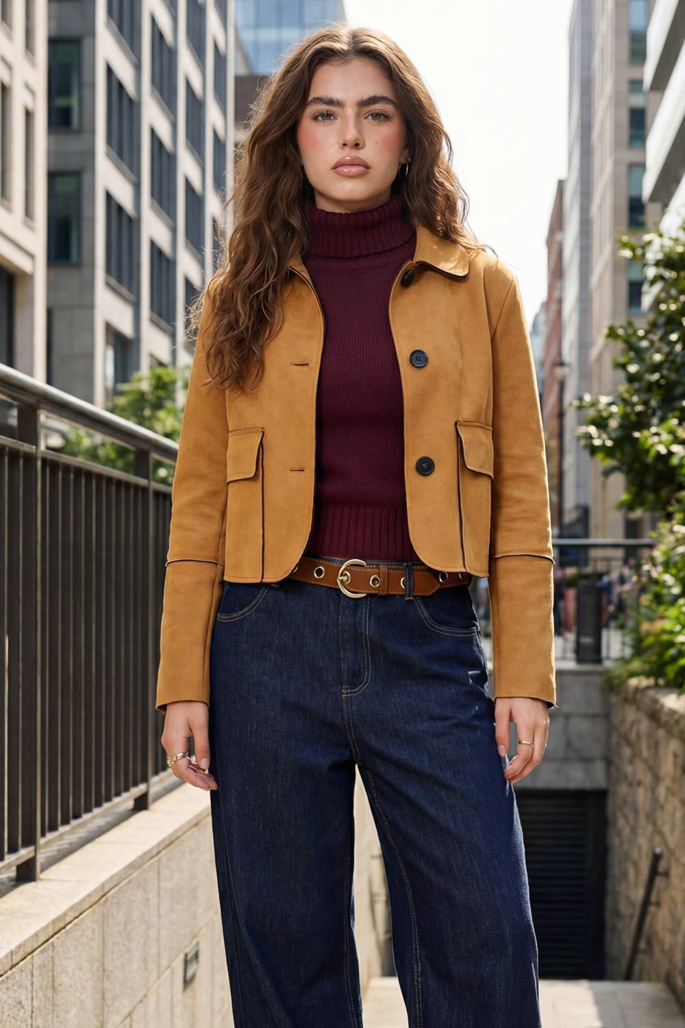 Chamarra corta de fit recto, manga larga con cortes decorativos, cuello camisero con detalle curveado, bolsillos frontales con cartera y cierre frontal con hilera de botones en contraste.