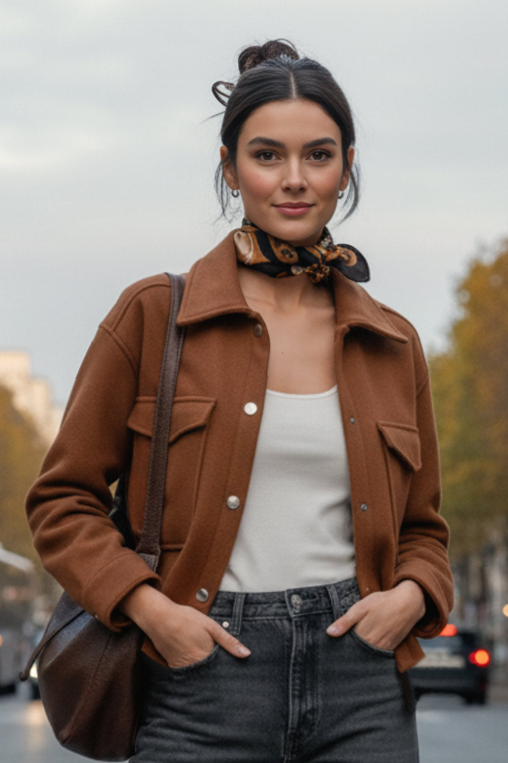 Chamarra corta de fit recto, cuello camisero, manga larga con puño abotonado, bolsillos delanteros con cartera, bajo curveado y cierre frontal con hilera de botones en contraste.