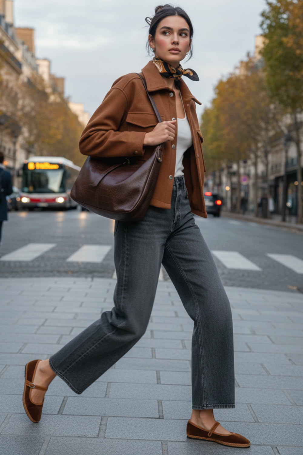 Chamarra corta de fit recto, cuello camisero, manga larga con puño abotonado, bolsillos delanteros con cartera, bajo curveado y cierre frontal con hilera de botones en contraste.
