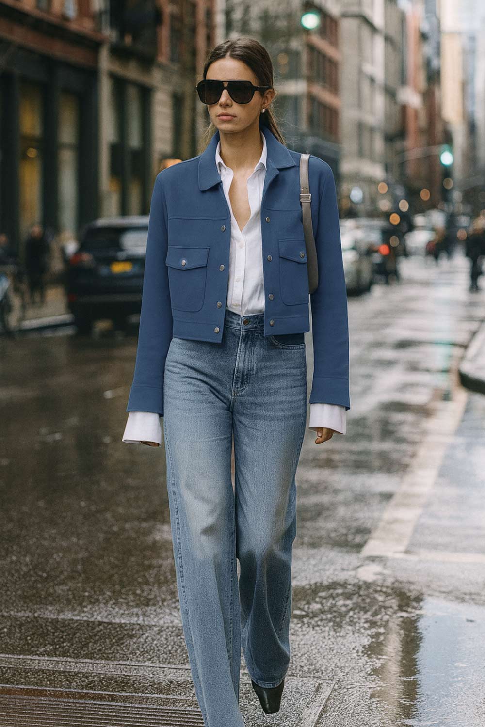 Chamarra corta de gamuza, fit recto, manga larga con puño abotonado, cuello camisero, bolsillos delanteros de parche con cartera y botones de presión. Cierre frontal con hilera de botones en contraste.