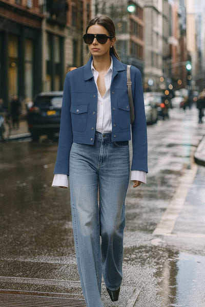Chamarra corta de gamuza, fit recto, manga larga con puño abotonado, cuello camisero, bolsillos delanteros de parche con cartera y botones de presión. Cierre frontal con hilera de botones en contraste.