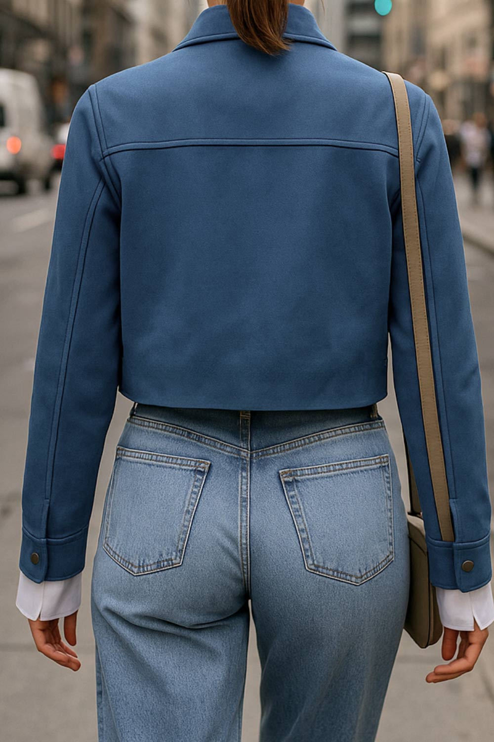 Chamarra corta de gamuza, fit recto, manga larga con puño abotonado, cuello camisero, bolsillos delanteros de parche con cartera y botones de presión. Cierre frontal con hilera de botones en contraste.