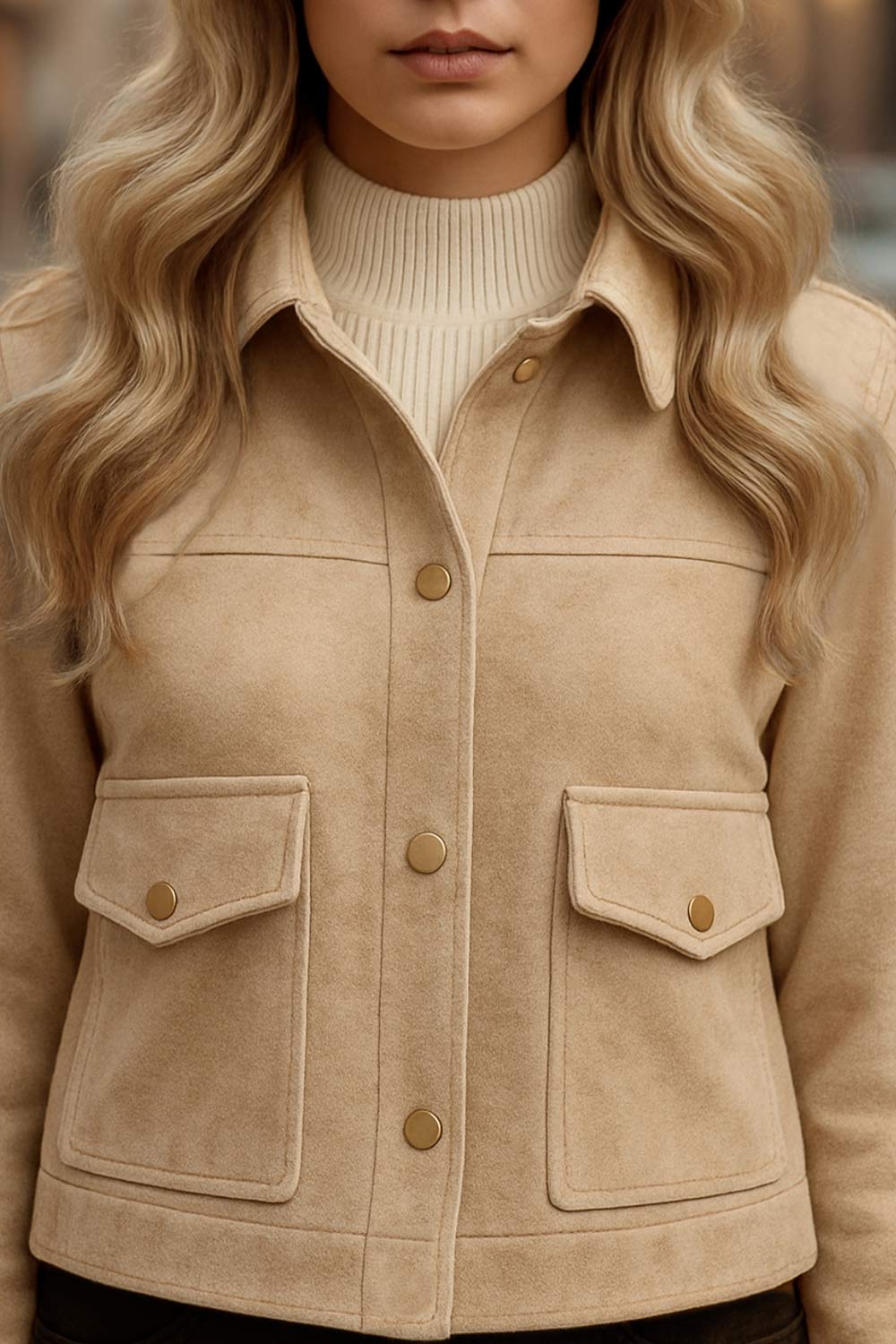 Chamarra corta de gamuza, fit recto, manga larga con puño abotonado, cuello camisero, bolsillos delanteros de parche con cartera y botones de presión. Cierre frontal con hilera de botones en contraste.