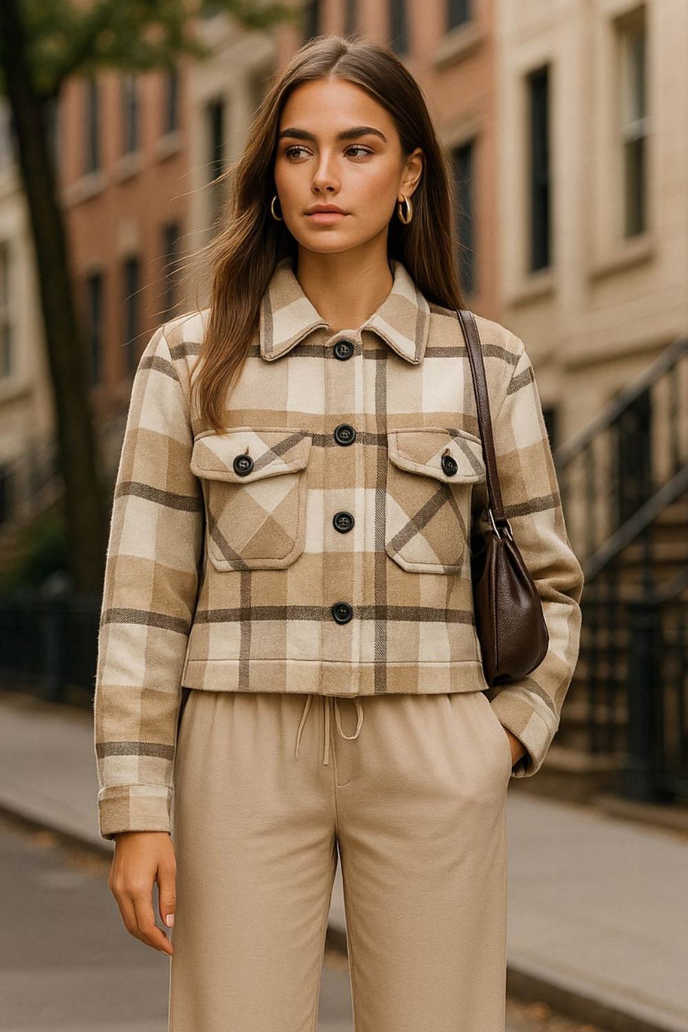 Chamarra corta de estampado check, fit recto, manga larga con puño abotonado, cuello camisero, bolsillos delanteros de parche con cartera y botón en contraste. Cierre frontal con hilera de botones en contraste.