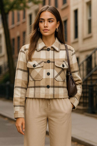 Chamarra corta de estampado check, fit recto, manga larga con puño abotonado, cuello camisero, bolsillos delanteros de parche con cartera y botón en contraste. Cierre frontal con hilera de botones en contraste.