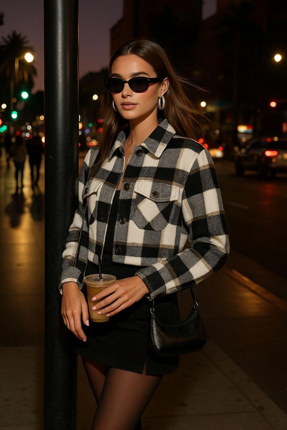 Chamarra corta de estampado check, fit recto, manga larga con puño abotonado, cuello camisero, bolsillos delanteros de parche con cartera y botón en contraste. Cierre frontal con hilera de botones en contraste.