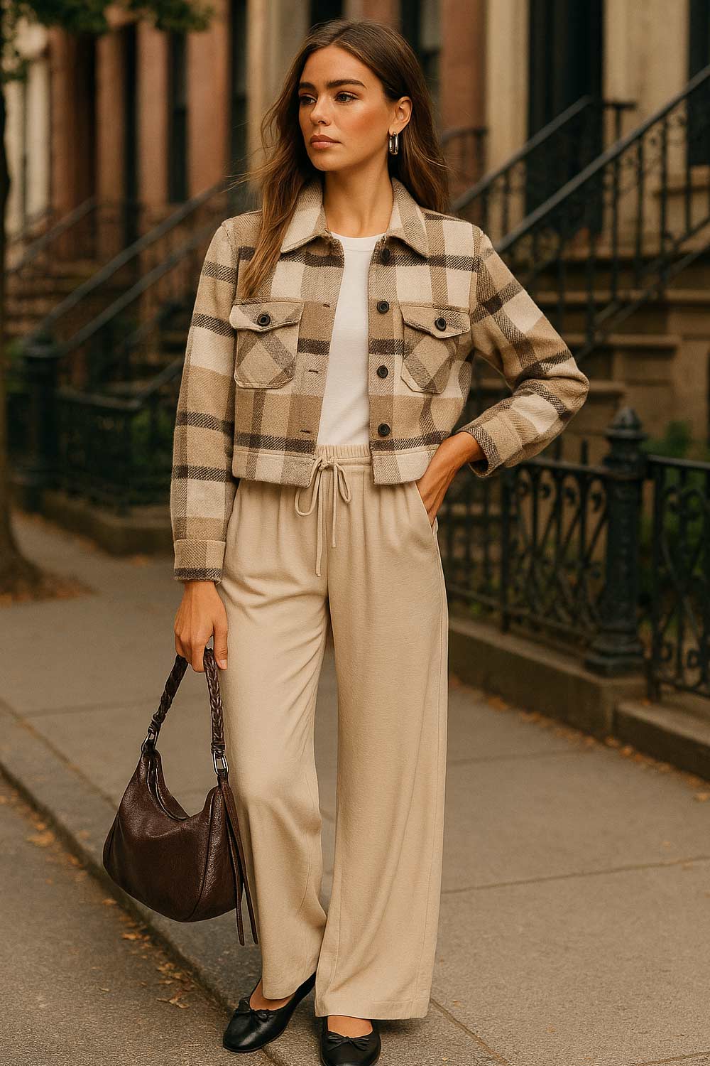 Chamarra corta de estampado check, fit recto, manga larga con puño abotonado, cuello camisero, bolsillos delanteros de parche con cartera y botón en contraste. Cierre frontal con hilera de botones en contraste.
