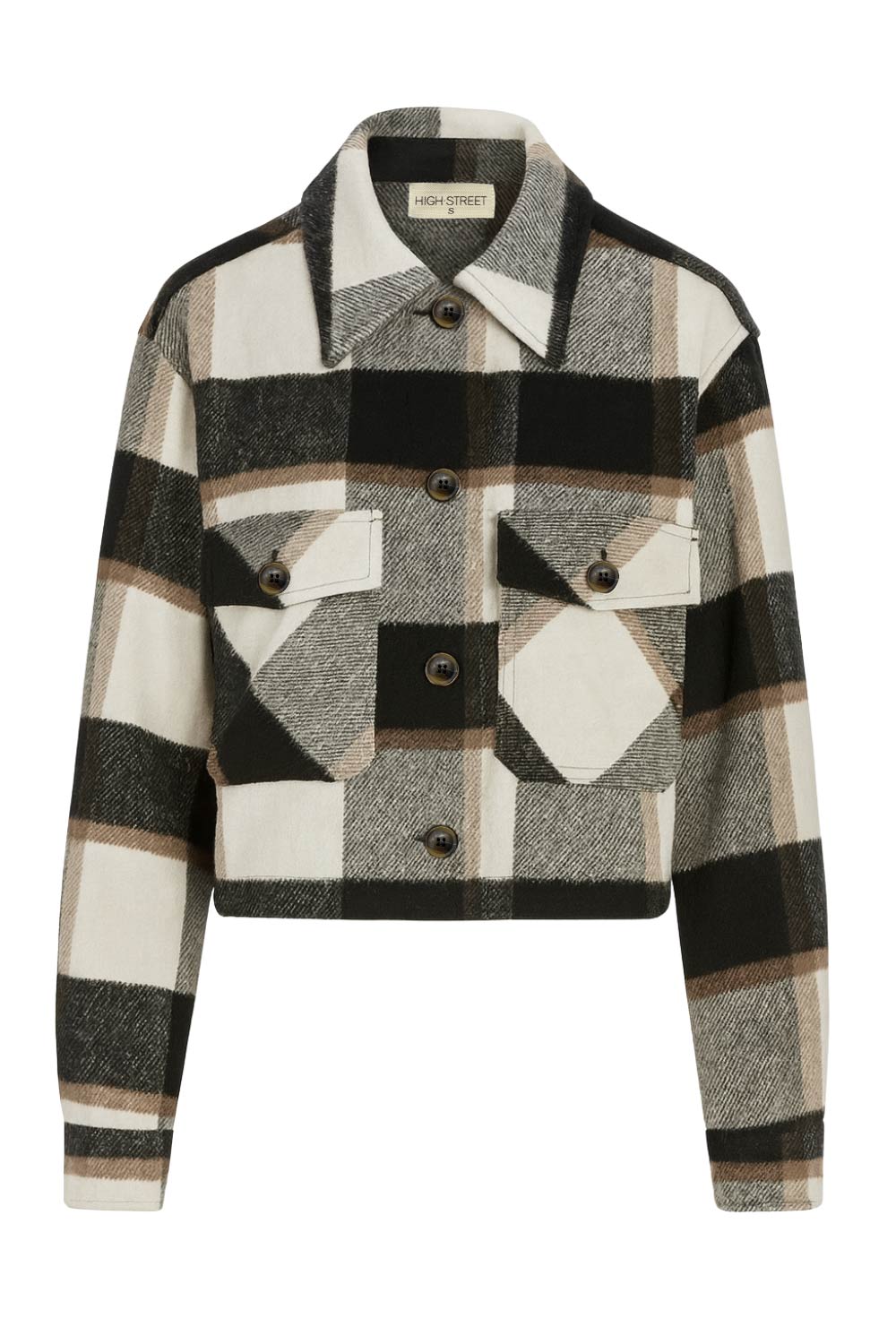 Chamarra corta de estampado check, fit recto, manga larga con puño abotonado, cuello camisero, bolsillos delanteros de parche con cartera y botón en contraste. Cierre frontal con hilera de botones en contraste.