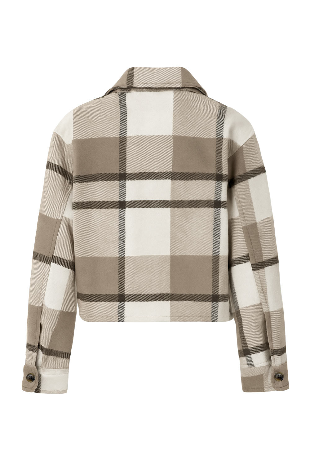 Chamarra corta de estampado check, fit recto, manga larga con puño abotonado, cuello camisero, bolsillos delanteros de parche con cartera y botón en contraste. Cierre frontal con hilera de botones en contraste.