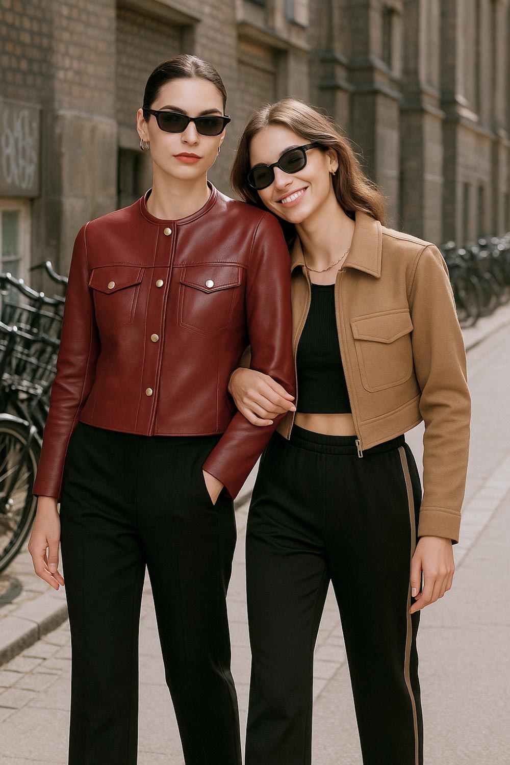 Chamarra corta de fit recto, manga larga con puño abotonado, cuello camisero, bolsillos delanteros de parche con cartera y cierre frontal con cremallera visible en contraste.