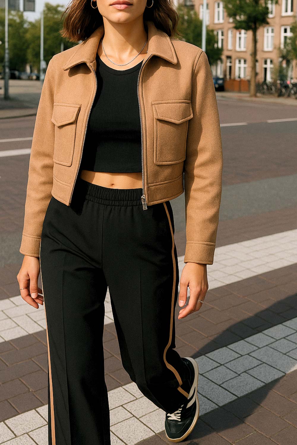 Chamarra corta de fit recto, manga larga con puño abotonado, cuello camisero, bolsillos delanteros de parche con cartera y cierre frontal con cremallera visible en contraste.