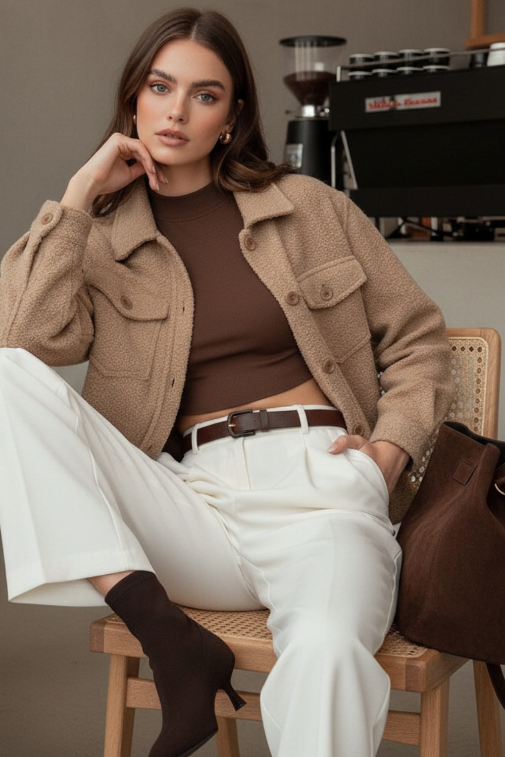 Chamarra corta de borreguillo, manga larga con puño abotonado, cuello solapa, bolsillos frontales de parche con cartera y botón. Cierre frontal con hilera de botones.