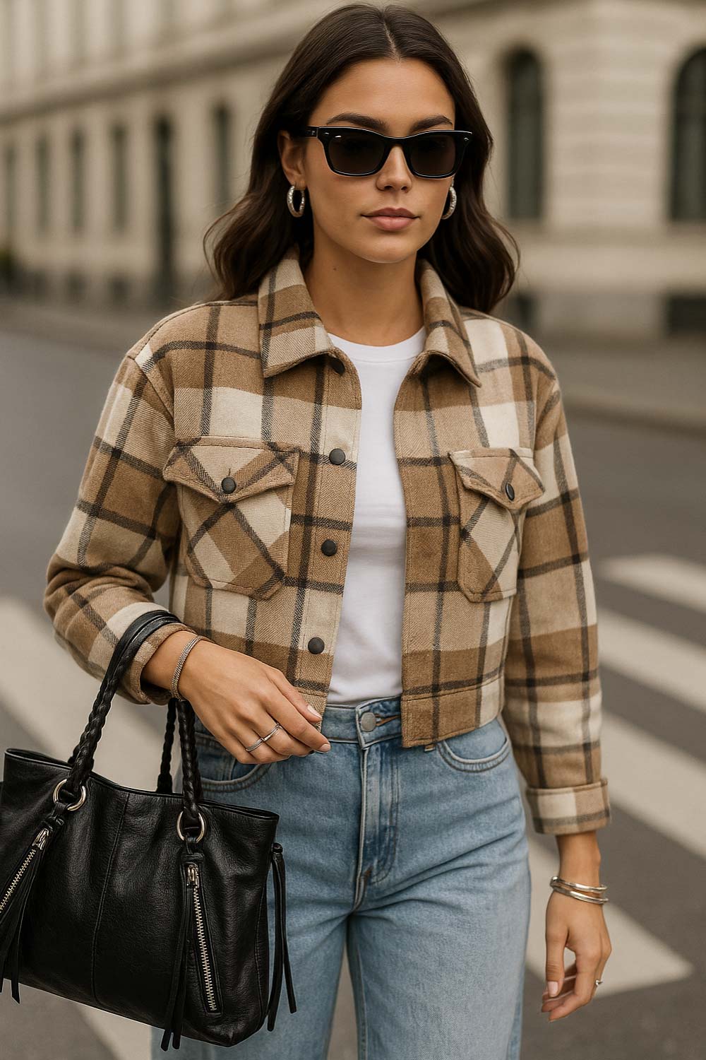 Chamarra corta de estampado check, fit recto, manga larga con puño abotonado, cuello camisero, bolsillos delanteros de parche con cartera y botón de presión. Cierre frontal con hilera de botones en contraste.