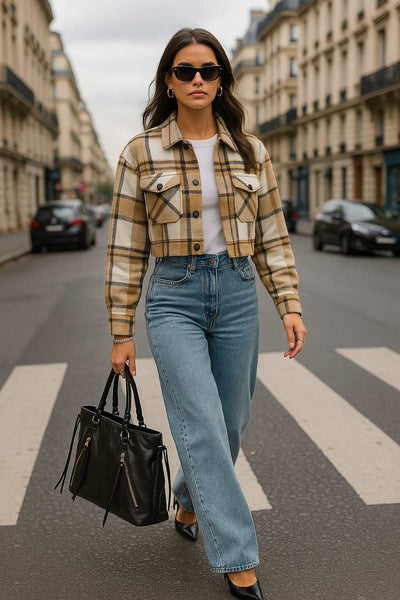 Chamarra corta de estampado check, fit recto, manga larga con puño abotonado, cuello camisero, bolsillos delanteros de parche con cartera y botón de presión. Cierre frontal con hilera de botones en contraste.