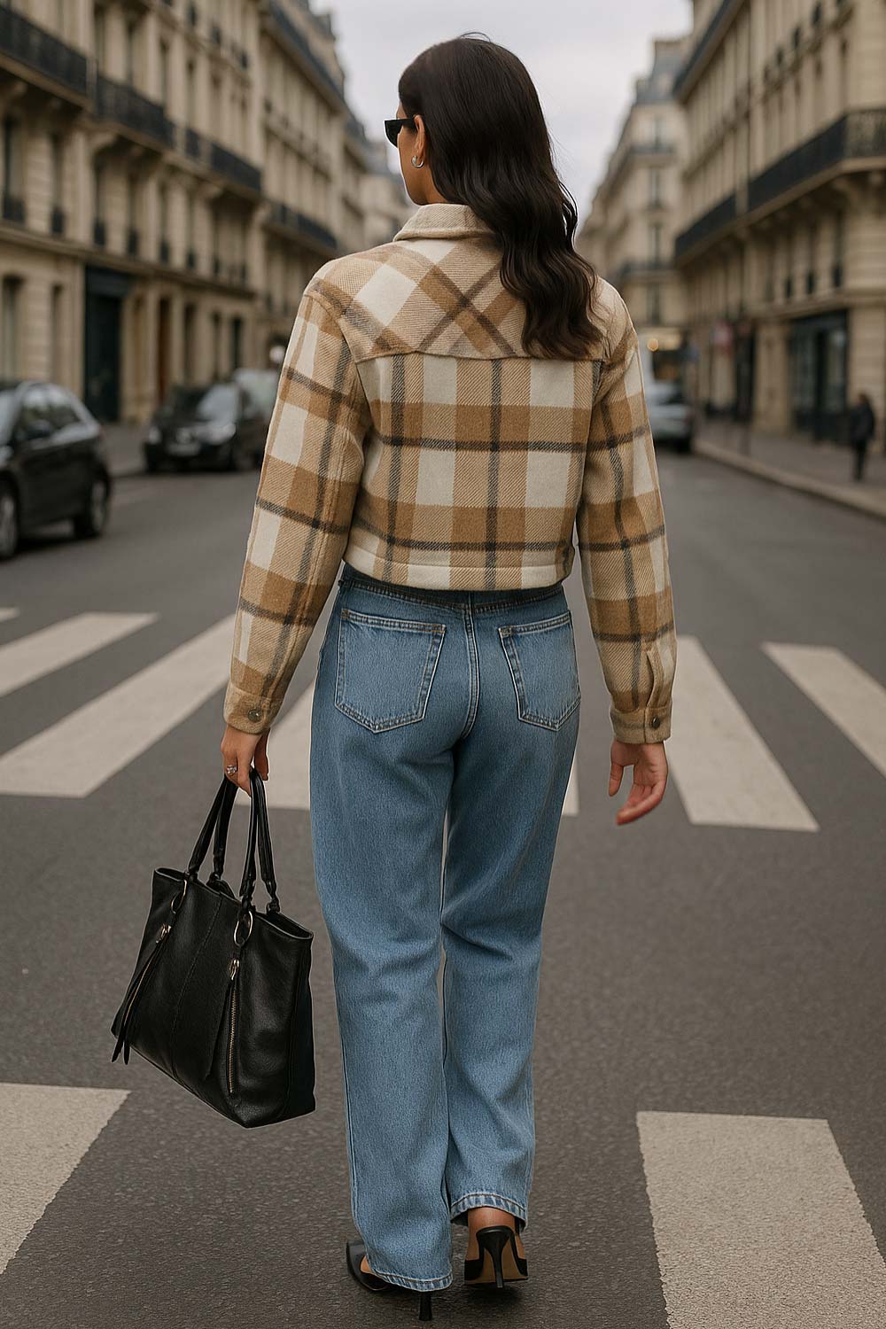 Chamarra corta de estampado check, fit recto, manga larga con puño abotonado, cuello camisero, bolsillos delanteros de parche con cartera y botón de presión. Cierre frontal con hilera de botones en contraste.