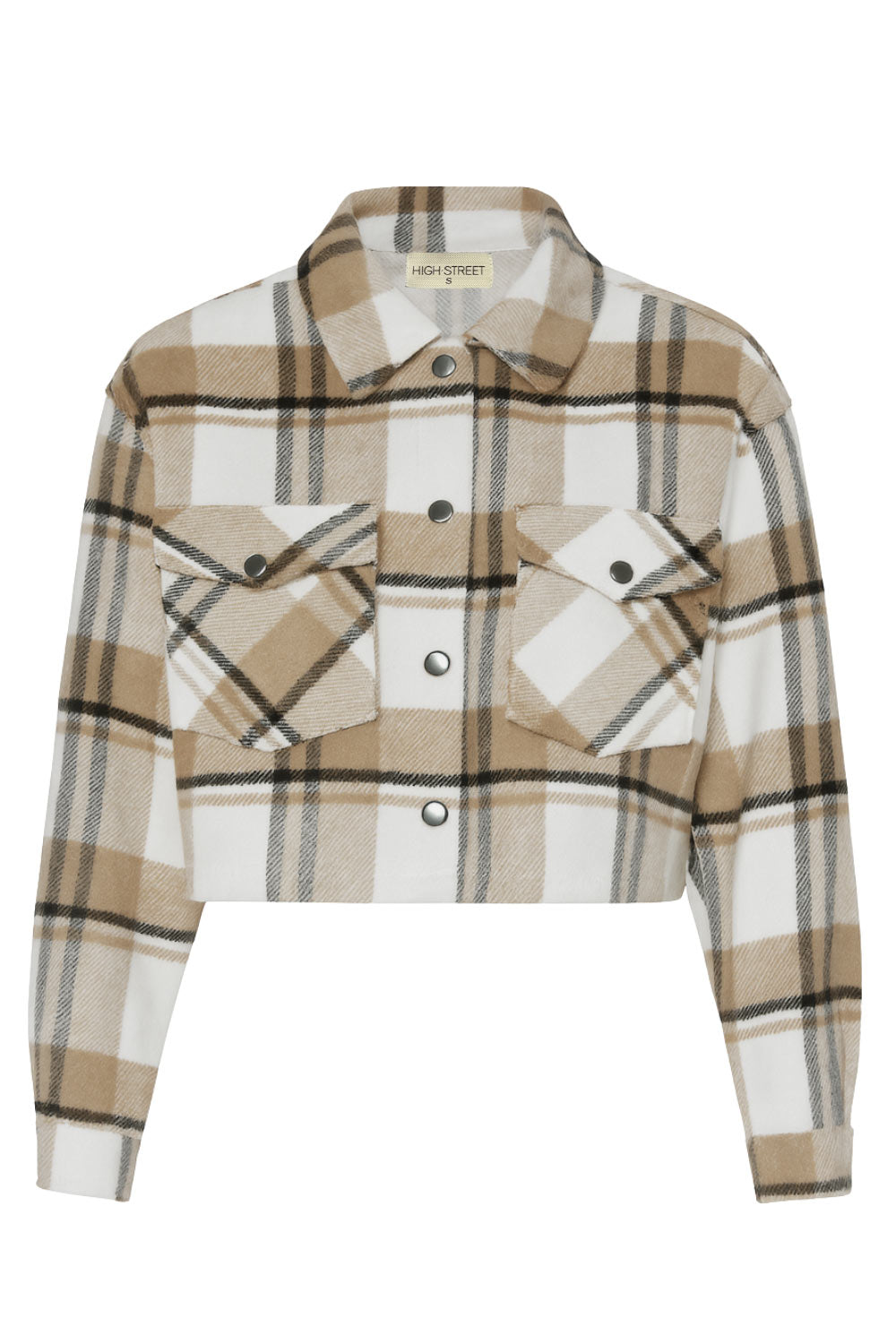 Chamarra corta de estampado check, fit recto, manga larga con puño abotonado, cuello camisero, bolsillos delanteros de parche con cartera y botón de presión. Cierre frontal con hilera de botones en contraste.