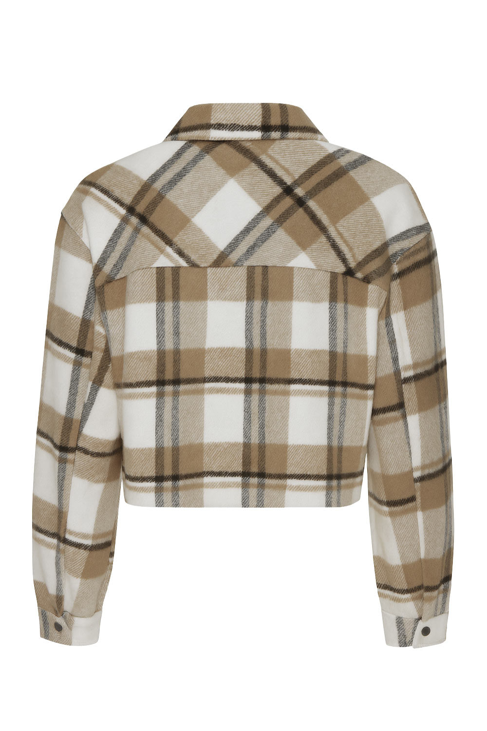 Chamarra corta de estampado check, fit recto, manga larga con puño abotonado, cuello camisero, bolsillos delanteros de parche con cartera y botón de presión. Cierre frontal con hilera de botones en contraste.