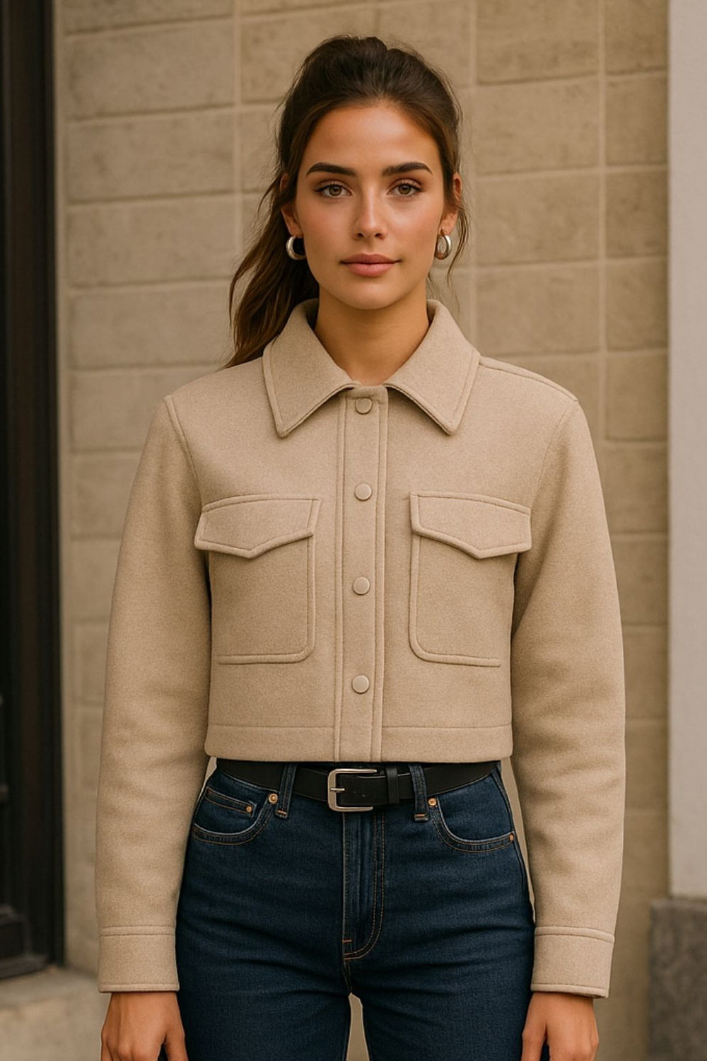 Chamarra corta de fit recto, manga larga con puño abotonado, cuello camisero, bolsillos delanteros de parche con cartera y cierre frontal con hilera de botones.