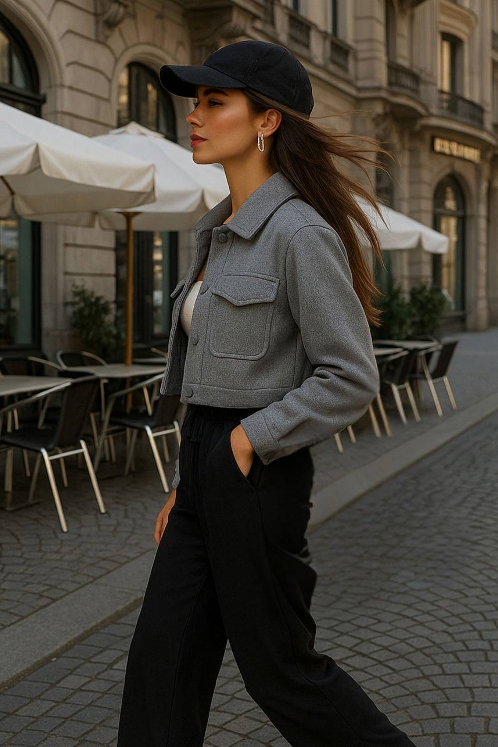 Chamarra corta de fit recto, manga larga con puño abotonado, cuello camisero, bolsillos delanteros de parche con cartera y cierre frontal con hilera de botones.