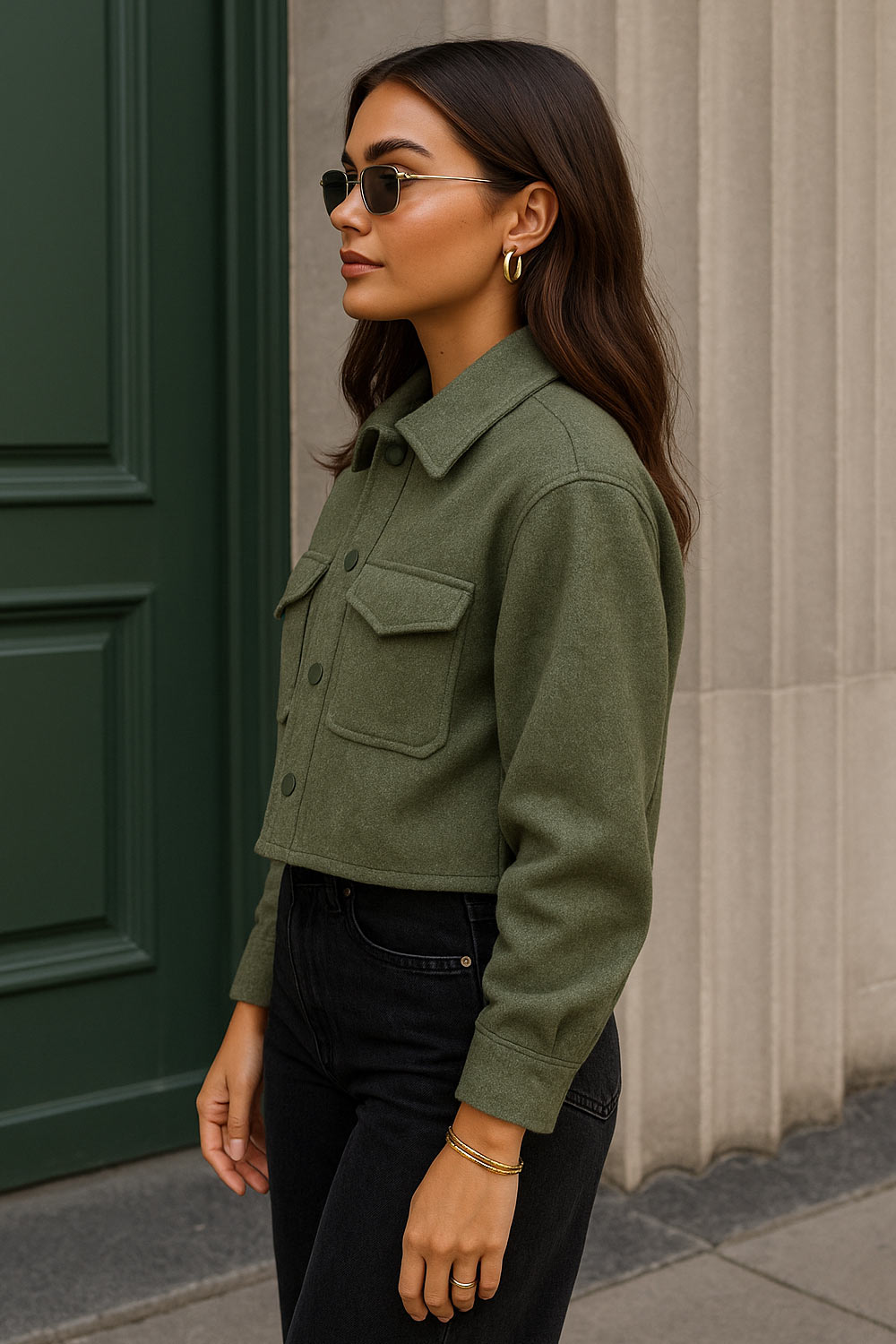 Chamarra corta de fit recto, manga larga con puño abotonado, cuello camisero, bolsillos delanteros de parche con cartera y cierre frontal con hilera de botones.