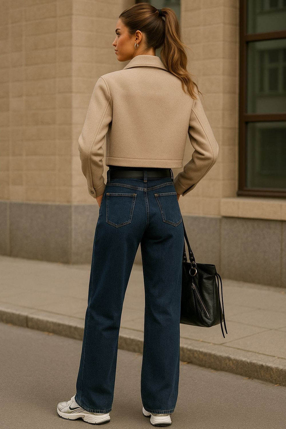 Chamarra corta de fit recto, manga larga con puño abotonado, cuello camisero, bolsillos delanteros de parche con cartera y cierre frontal con hilera de botones.