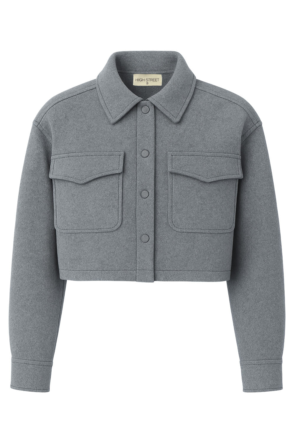 Chamarra corta de fit recto, manga larga con puño abotonado, cuello camisero, bolsillos delanteros de parche con cartera y cierre frontal con hilera de botones.