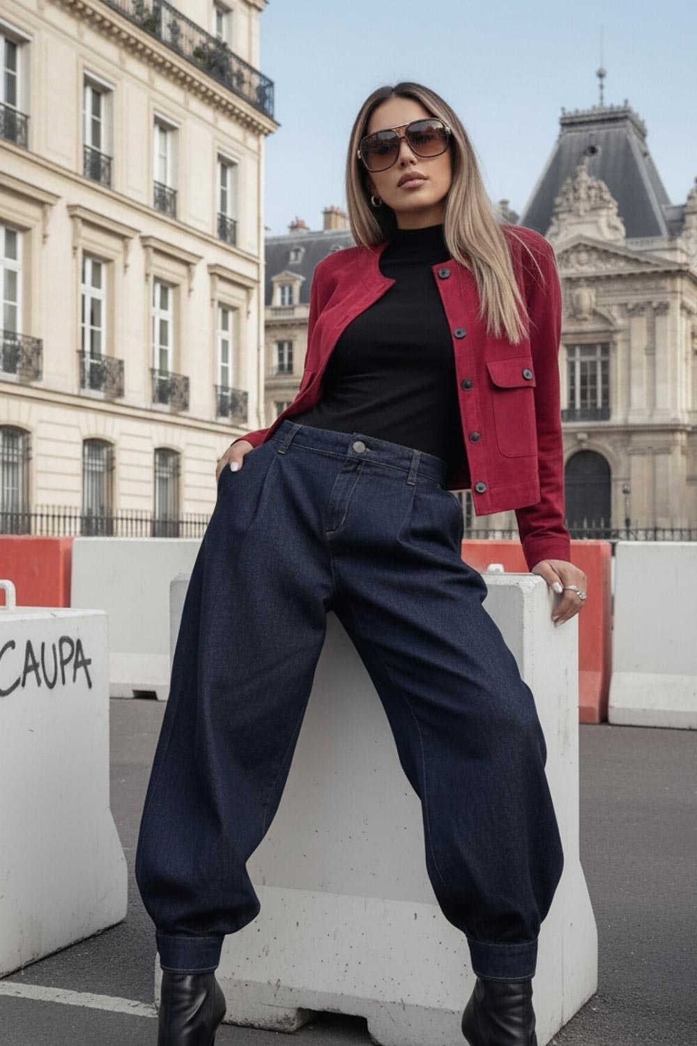 Blazer corto de gamuza, cuello redondo, bolsillos frontales con solapa y botón en contraste, fit recto, manga larga y cierre frontal con hilera de botones en contraste.