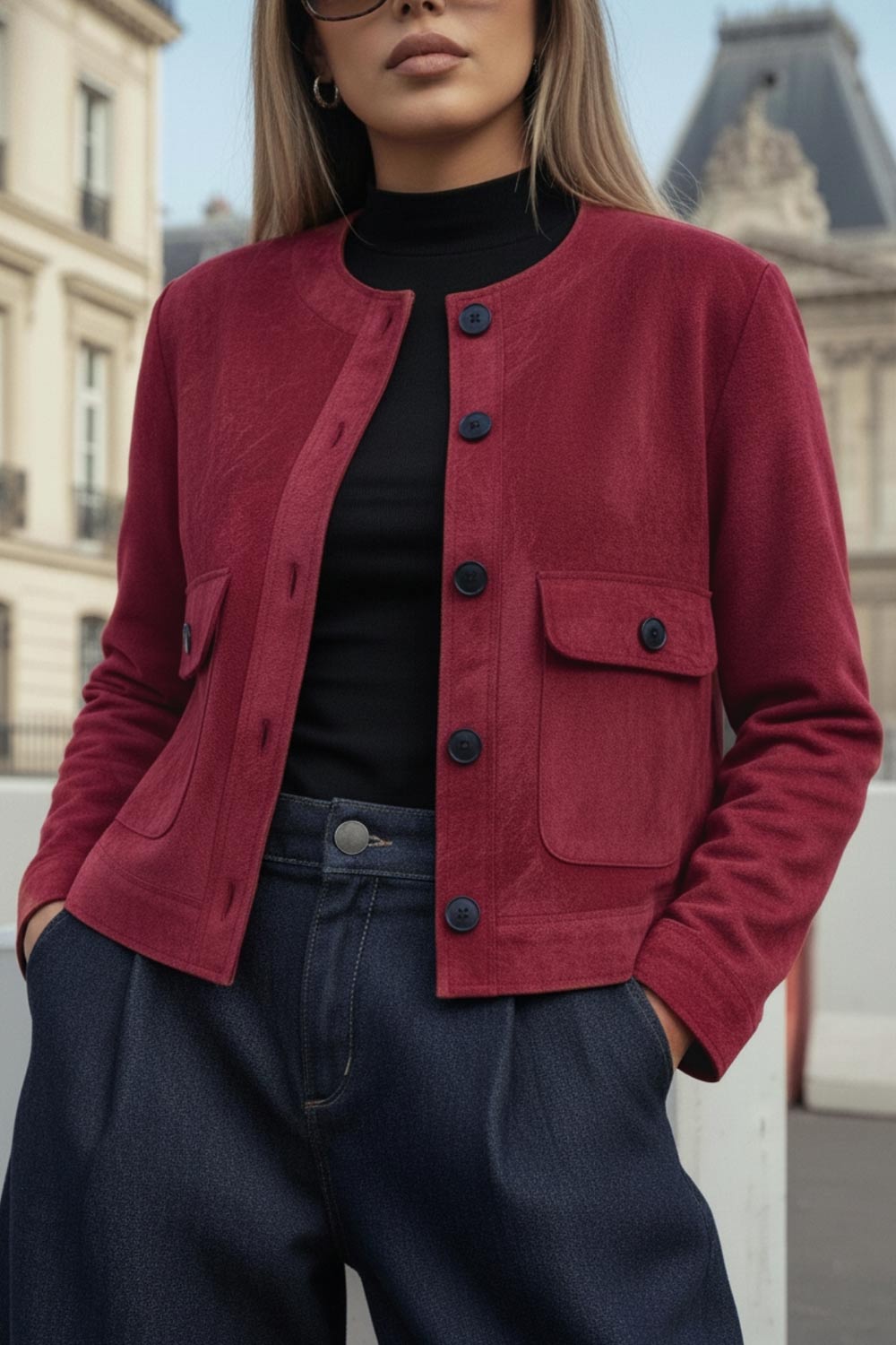 Blazer corto de gamuza, cuello redondo, bolsillos frontales con solapa y botón en contraste, fit recto, manga larga y cierre frontal con hilera de botones en contraste.