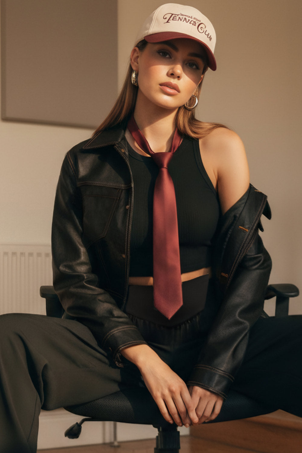 Chamarra corta de efecto piel, fit recto, cuello camisero, manga larga con puño abotonado, bolsillos delanteros de parche y cierre frontal con hilera de botones de presión. Detalle de costuras decorativas en contraste.