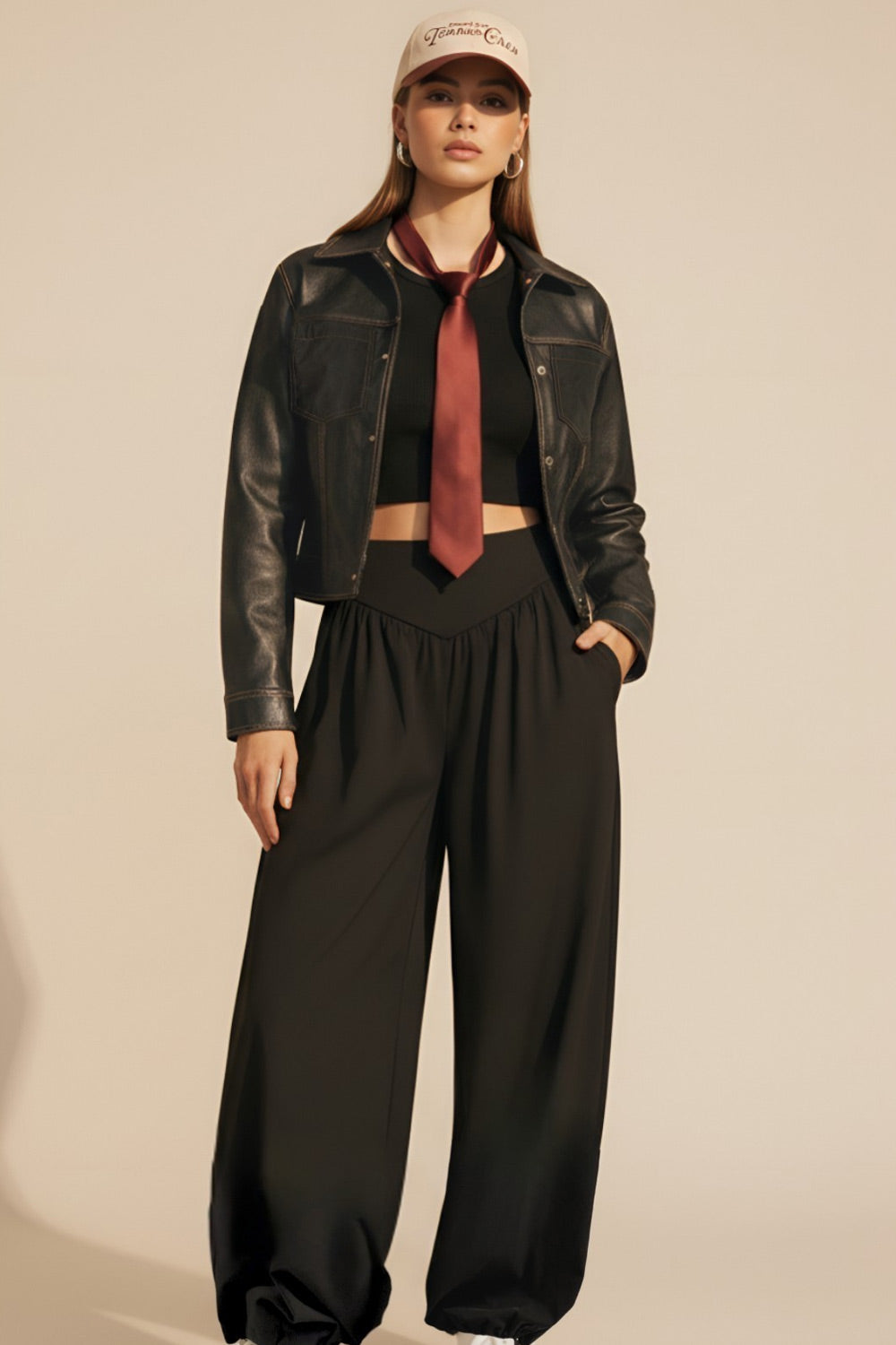 Chamarra corta de efecto piel, fit recto, cuello camisero, manga larga con puño abotonado, bolsillos delanteros de parche y cierre frontal con hilera de botones de presión. Detalle de costuras decorativas en contraste.