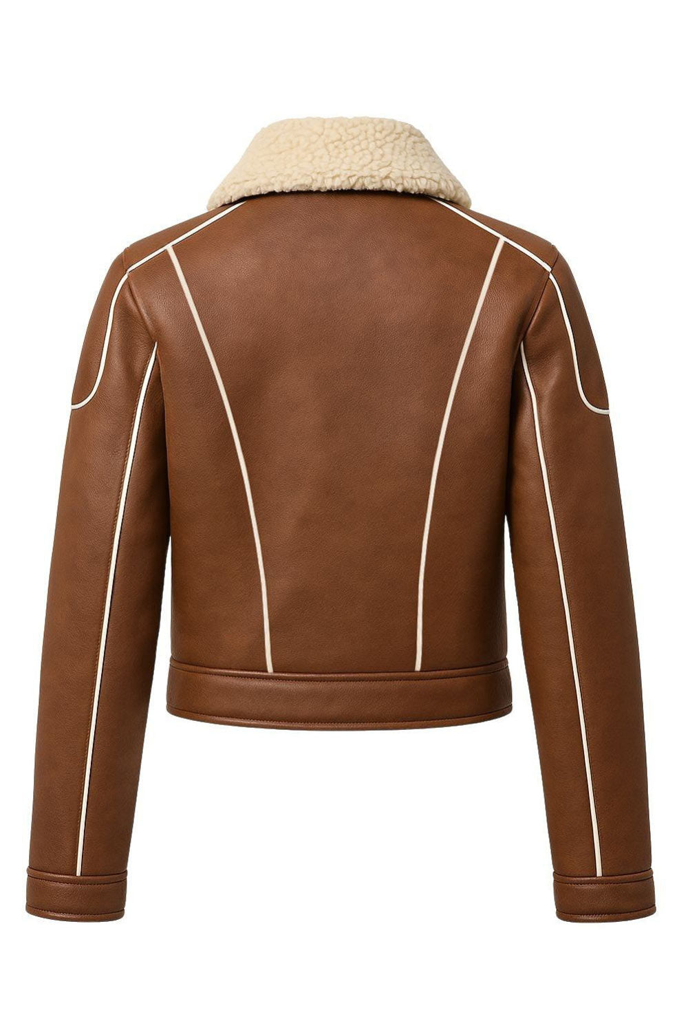 Chamarra corta de efecto piel, interior y cuello solapa de borreguillo, pretina, bolsillos delanteros con cremallera, fit recto, manga larga y cierre frontal con cremallera en contraste. Detalle de costuras decorativas en contraste.