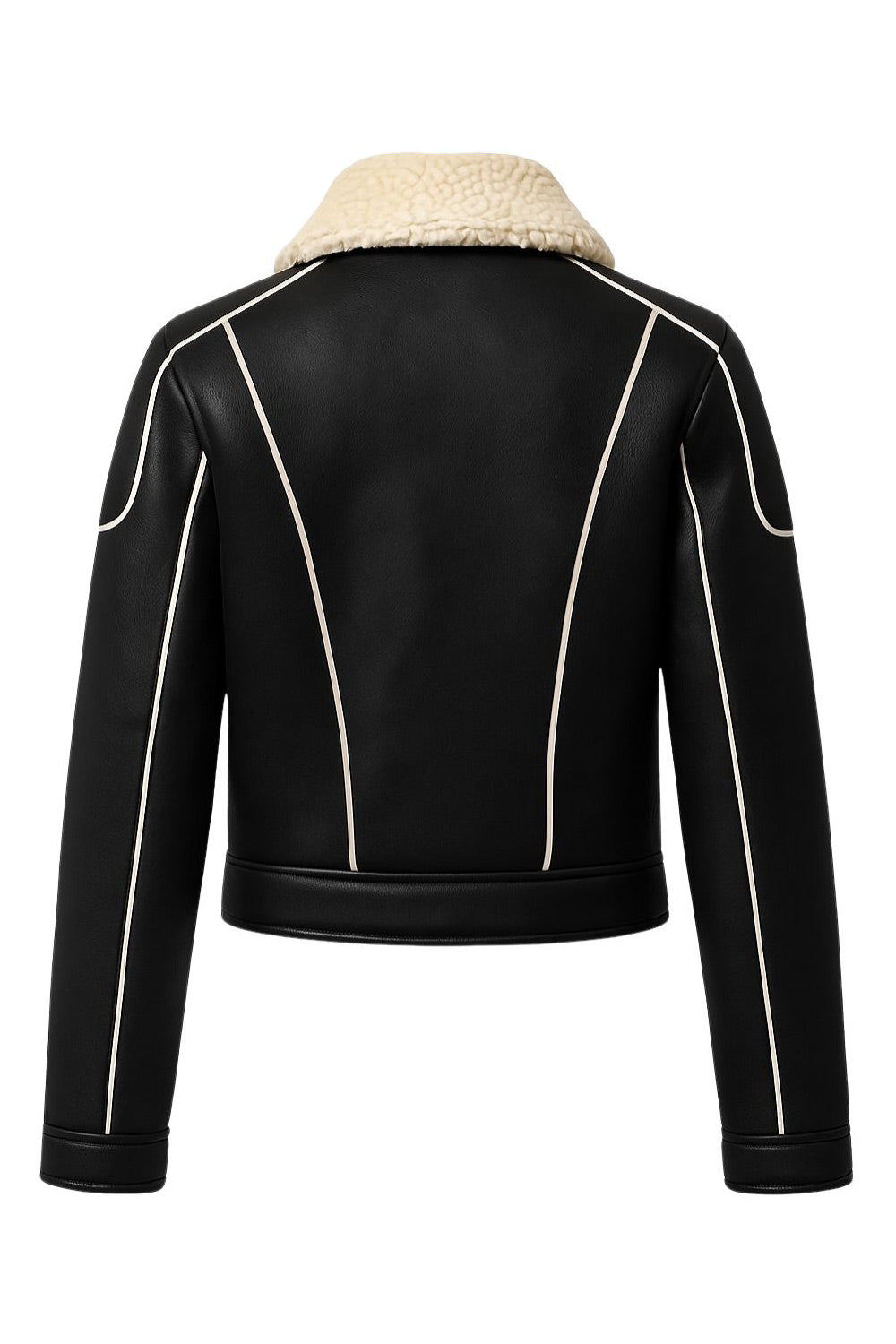 Chamarra corta de efecto piel, interior y cuello solapa de borreguillo, pretina, bolsillos delanteros con cremallera, fit recto, manga larga y cierre frontal con cremallera en contraste. Detalle de costuras decorativas en contraste.