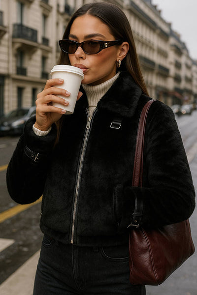 Chamarra corta de efecto pelo, cuello solapa, fit recto, trabillas decorativas en contraste con hebillas en cuello y puños. Cierre frontal con cremallera visible en contraste.
