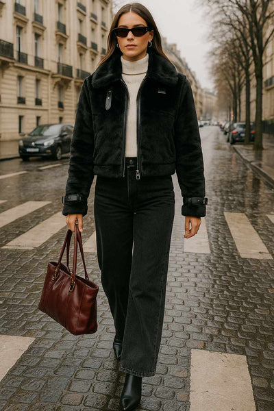 Chamarra corta de efecto pelo, cuello solapa, fit recto, trabillas decorativas en contraste con hebillas en cuello y puños. Cierre frontal con cremallera visible en contraste.