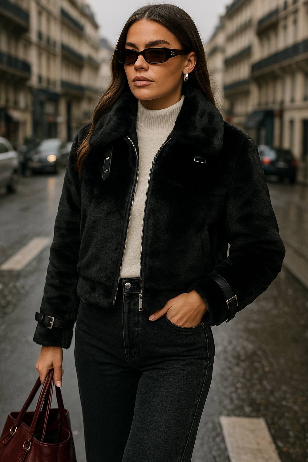 Chamarra corta de efecto pelo, cuello solapa, fit recto, trabillas decorativas en contraste con hebillas en cuello y puños. Cierre frontal con cremallera visible en contraste.