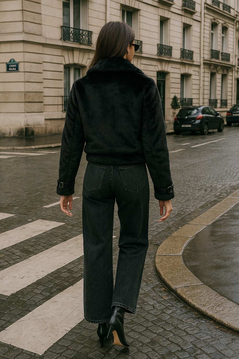 Chamarra corta de efecto pelo, cuello solapa, fit recto, trabillas decorativas en contraste con hebillas en cuello y puños. Cierre frontal con cremallera visible en contraste.