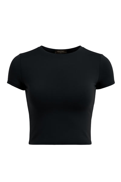 Crop top de fit ajustado, cuello redondo y manga corta.