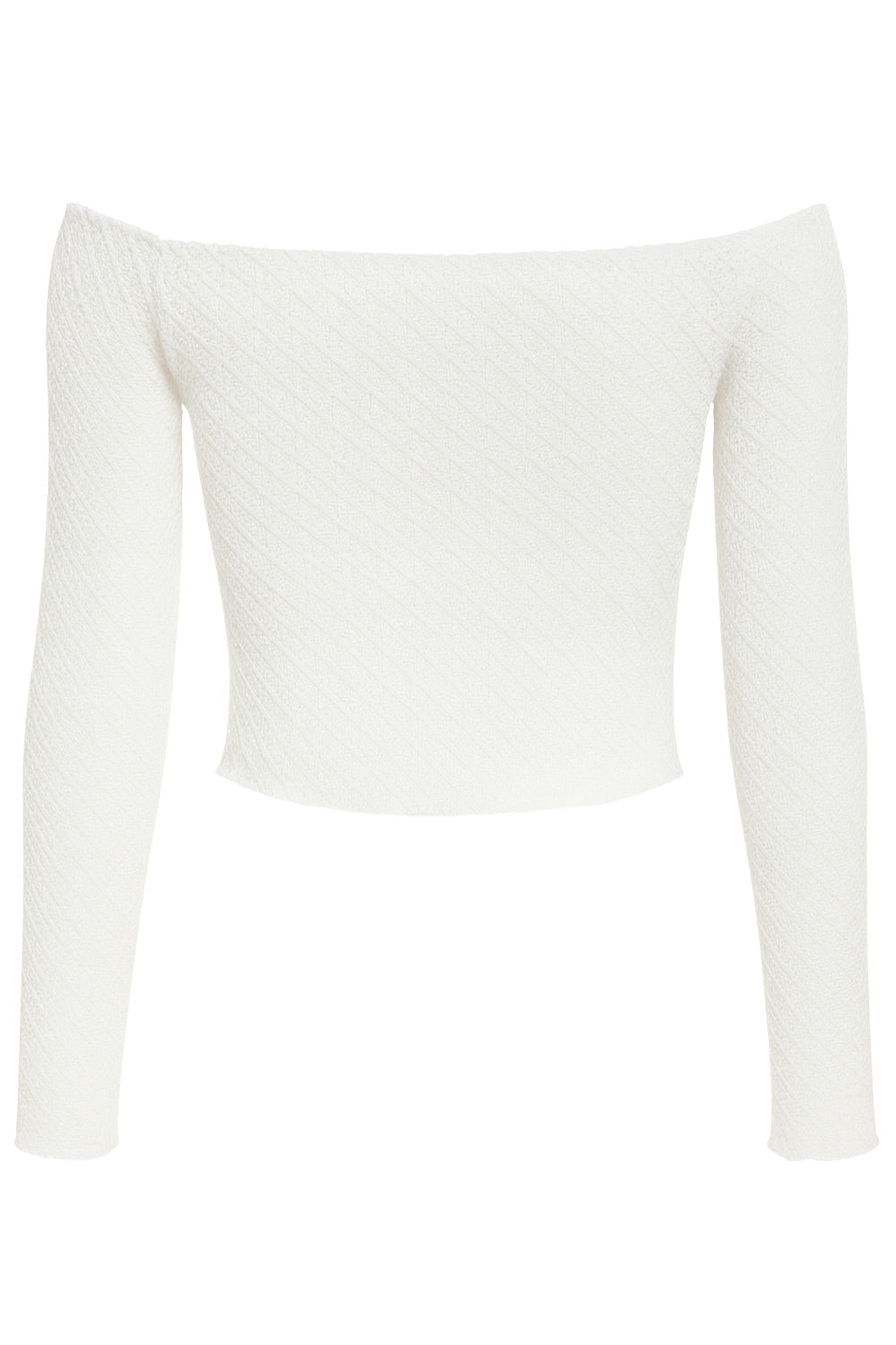 Crop top de fit ajustado, hombros descubiertos, manga larga, escote v con plisados y jareta ajustable, bajo frontal asimétrico con abertura frontal en v y costura decorativa. Detalle de rib rizado en bordes y textura de tejido.