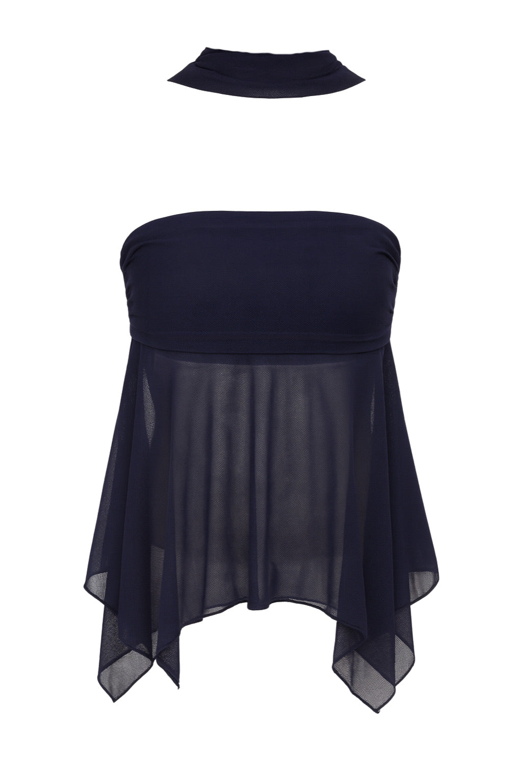 Crop top strapless de mesh, fit ajustado, escote recto con detalles plisados laterales, bajo asimétrico con olanes y rib rizado en borde. Detalle de choker.