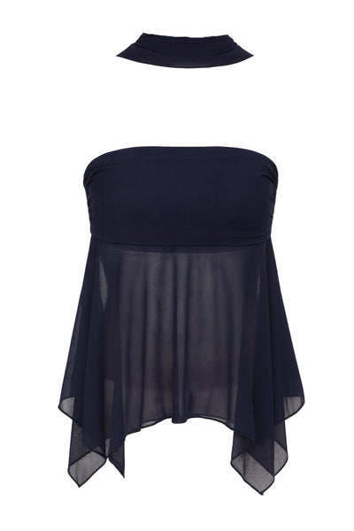 Crop top strapless de mesh, fit ajustado, escote recto con detalles plisados laterales, bajo asimétrico con olanes y rib rizado en borde. Detalle de choker.