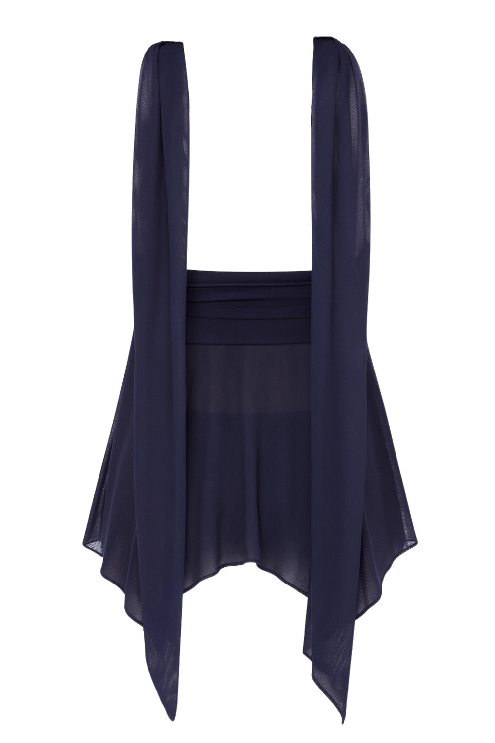 Crop top strapless de mesh, fit ajustado, escote recto con detalles plisados laterales, bajo asimétrico con olanes y rib rizado en borde. Detalle de choker.